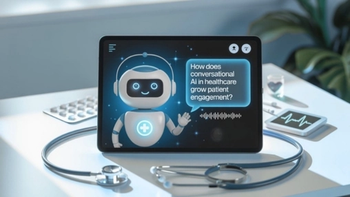 Healthcare AI chatbot displayed on a tablet screen alongside a stethoscope and medical devices on a desk